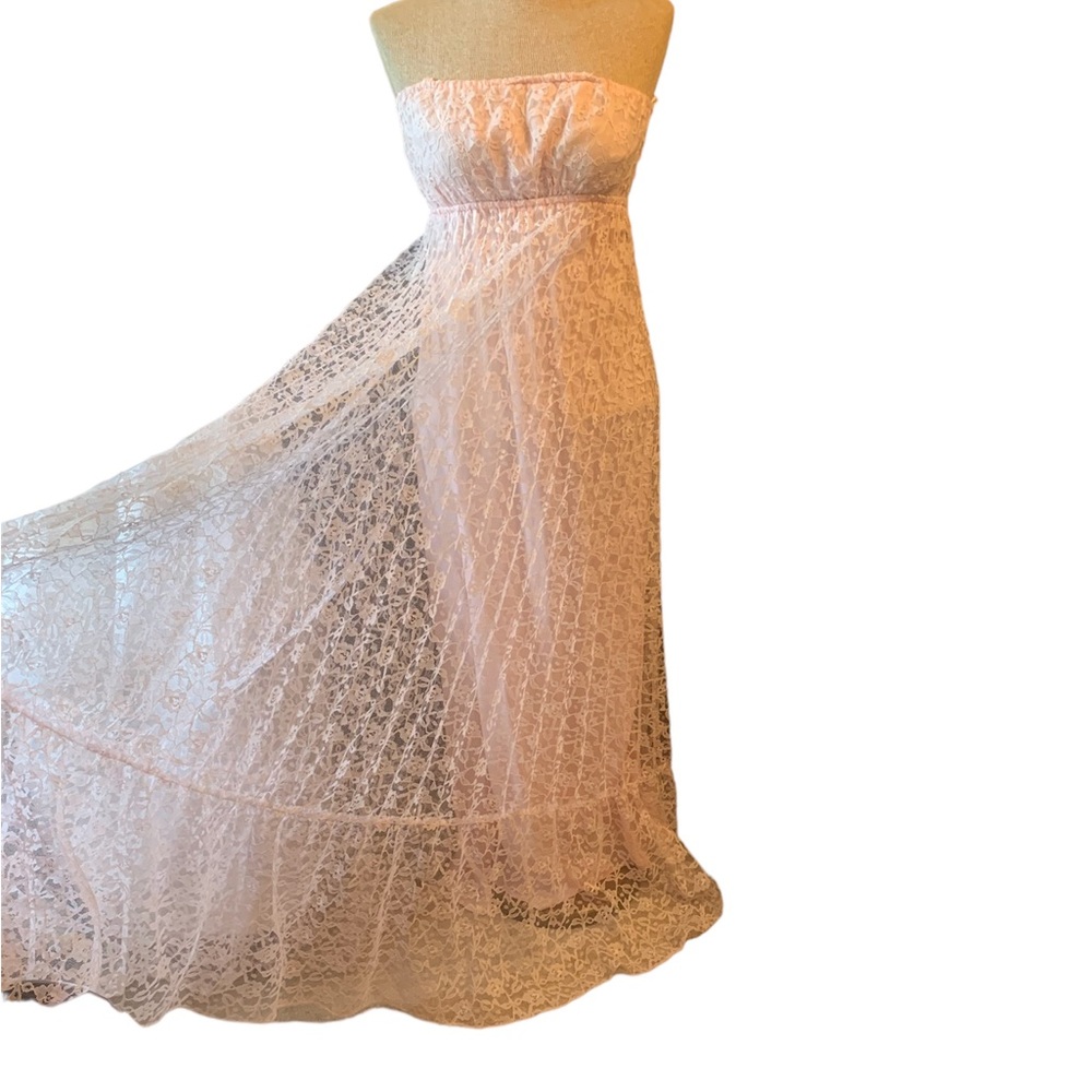 Vintage 70's Beautiful Pale Pink Pleated Lace Dress Ribbon Straps Cottage Core - Picture 2 of 10